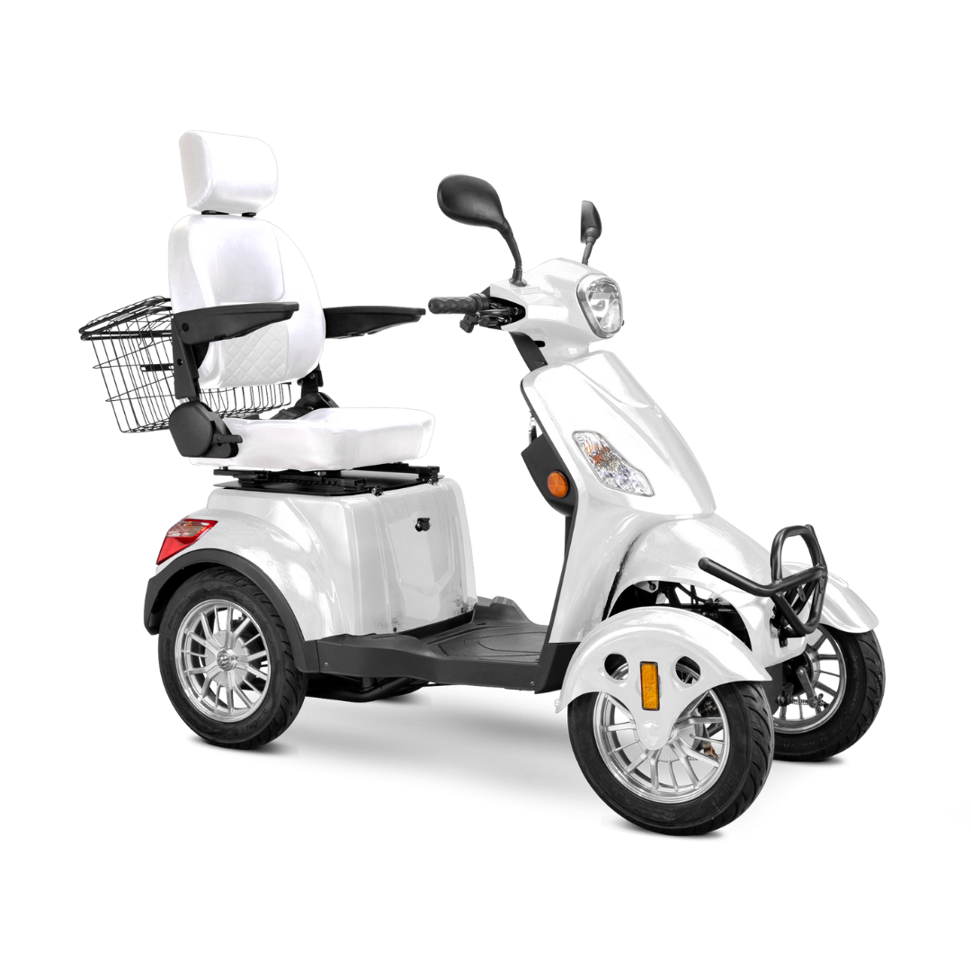 The Bespoke Prestige Recreational 4-Wheel Scooter features a white finish, high-backed adjustable seat with armrests, 600-watt motor, front headlight, rear-view mirrors, and a wire basket attached at the back.